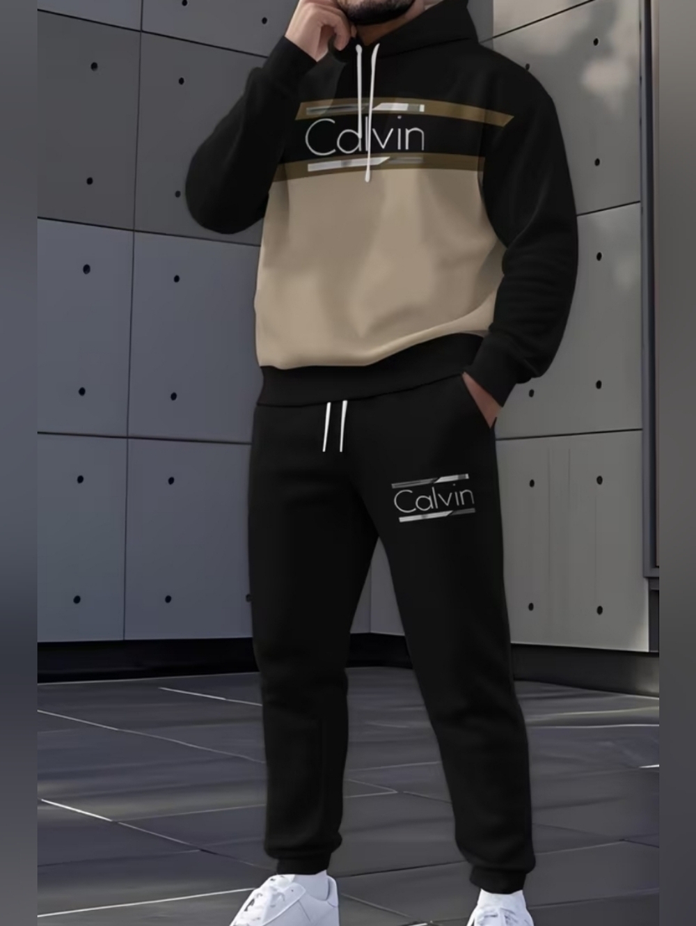 Two-Tone Hoodie & Jogger Set - Black and Beige